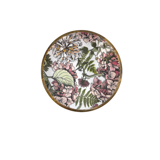 Small hand-crafted bowl (18cm) with a modern nature-inspired inspired pink hydrangea design. Made with sustainable mango wood. Suitable for cold & warm food or as an individual decorative piece.