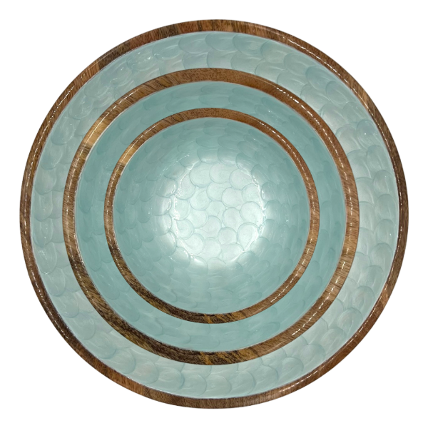 Set of three hand-painted wooden salad bowls in aqua marine with a pearl finish on a white background. Made from sustainable mango wood.