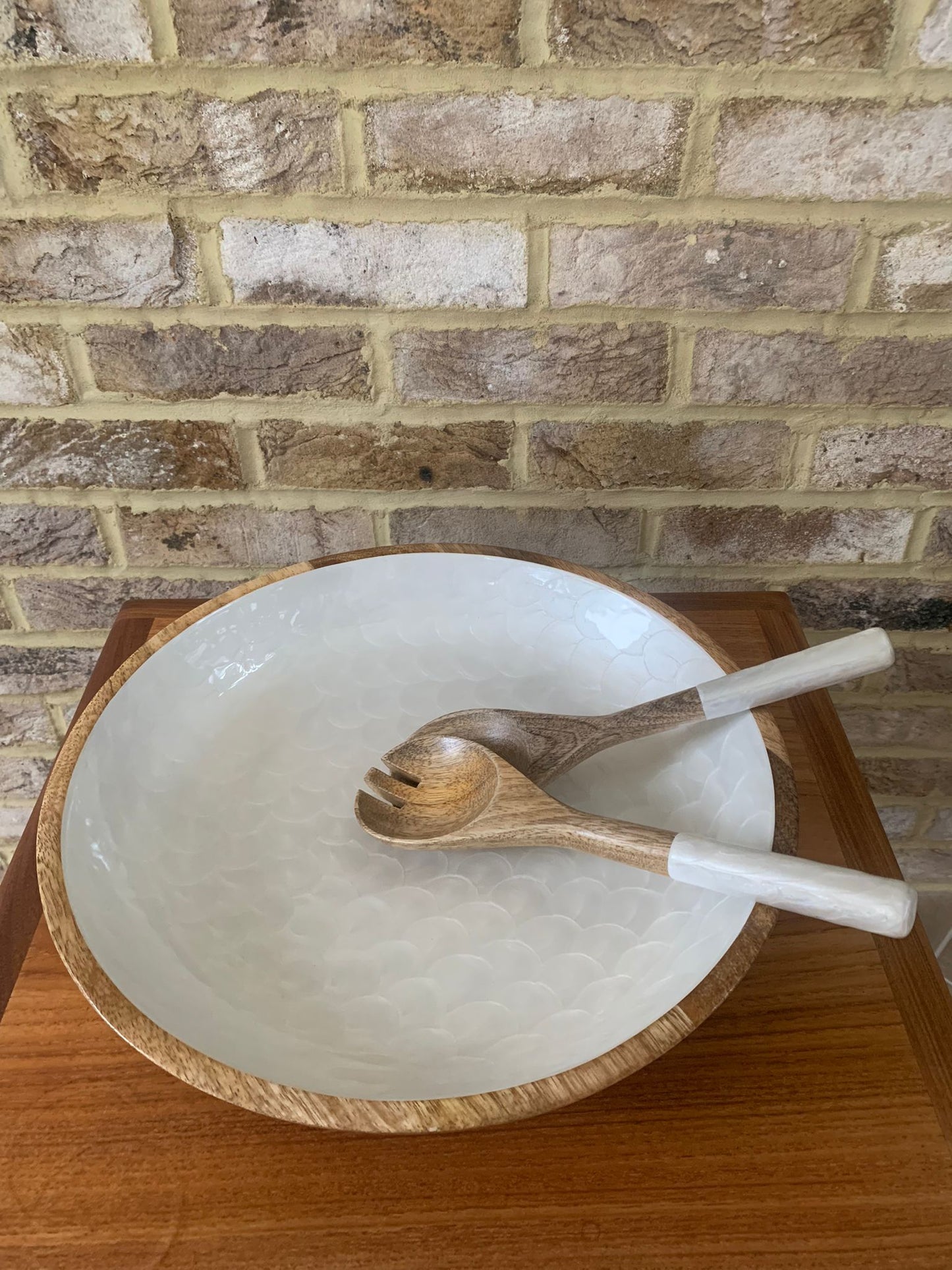 large hand-painted wooden bowl in White. with matching salad spoons. Fish scales design