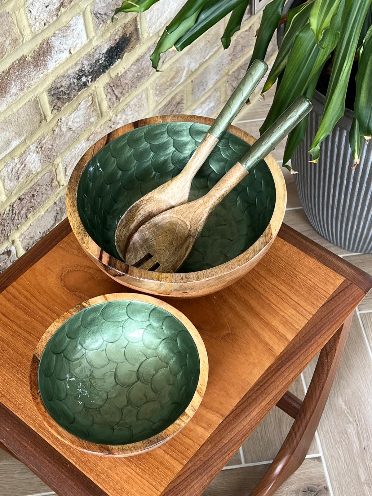 small and medium sized hand-painted wooden salad or fruit bowl in Olive Green. with matching salad spoons. Fish scales design