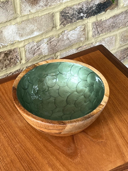 small hand-painted wooden bowl in Olive Green. Fish scales design. Suitable for nibbles