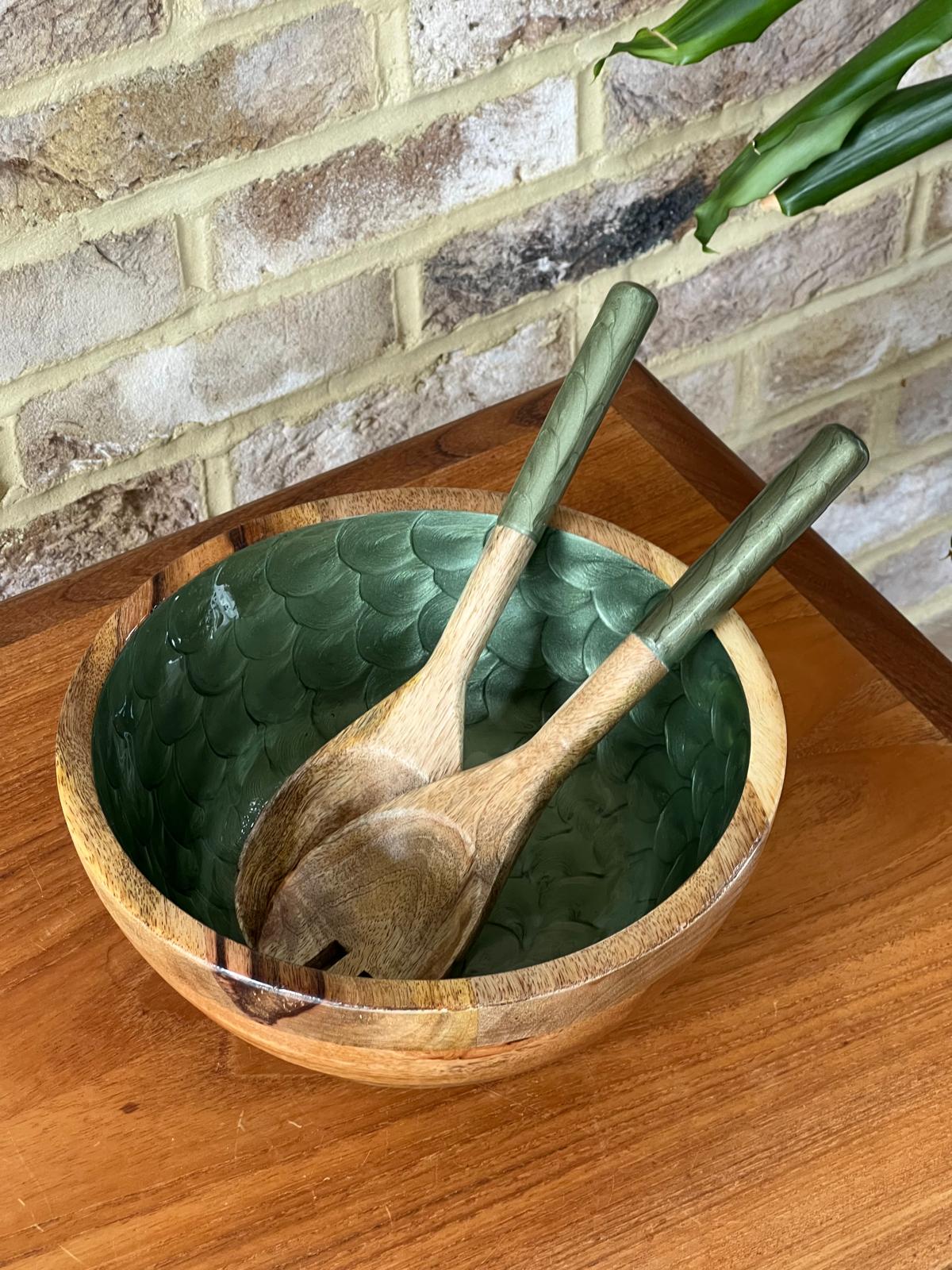 medium sized hand-painted wooden salad or fruit bowl in Olive Green. with matching salad spoons. Fish scales design