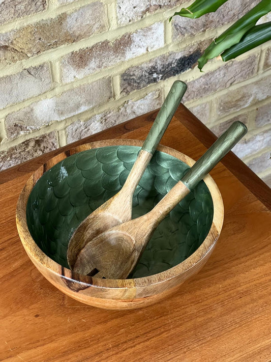 medium sized hand-painted wooden salad or fruit bowl in Olive Green. with matching salad spoons. Fish scales design