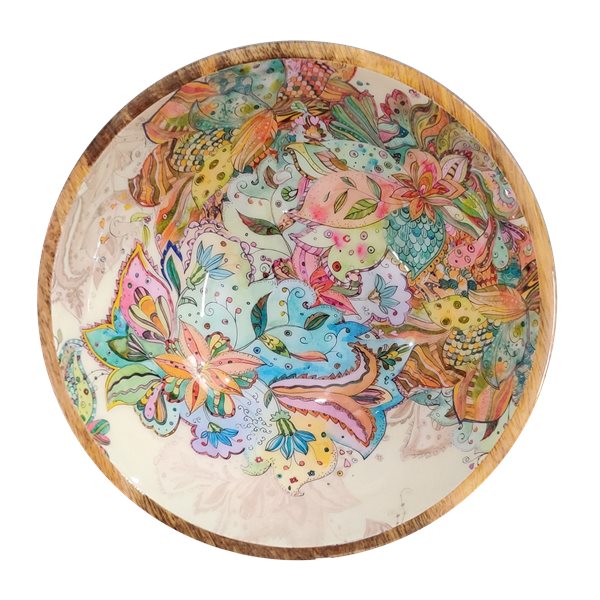 Large bowl with multi-coloured floral design. 38cm diameter. made from sustainable wood.
