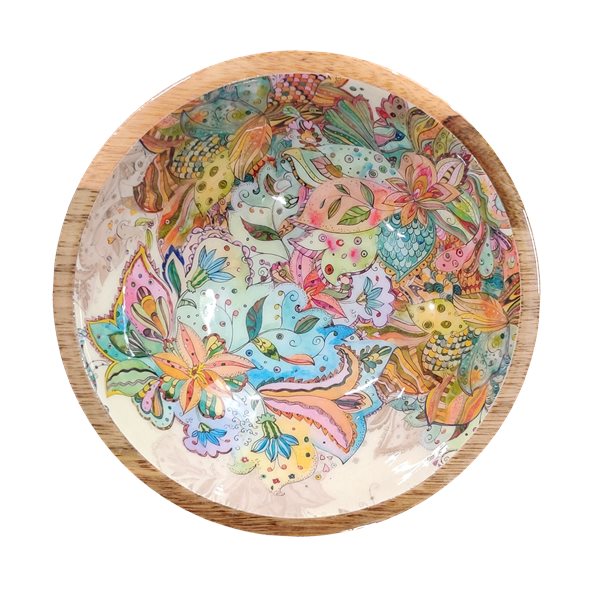 A medium sized mango wood bowl with a colorful floral pattern, featuring a 'flower power' 60s vibe with a hint of paisley.