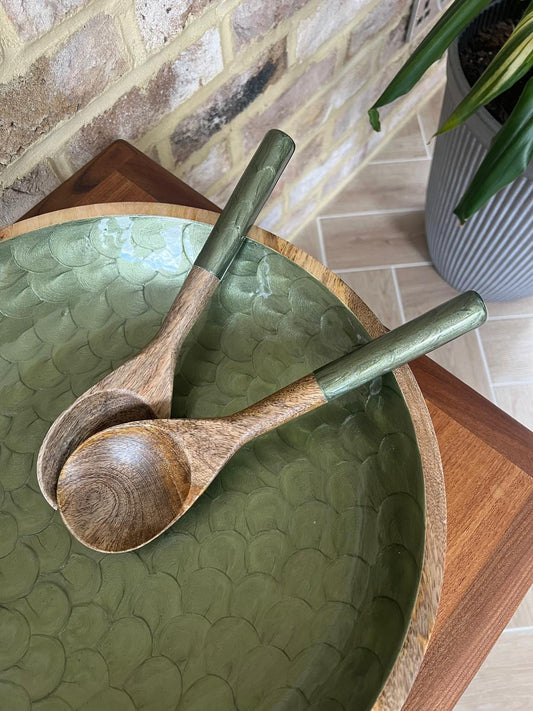 matching salad Servers with olive green handles. Made from sustainable mango wood. Pictured with large olive green bowl