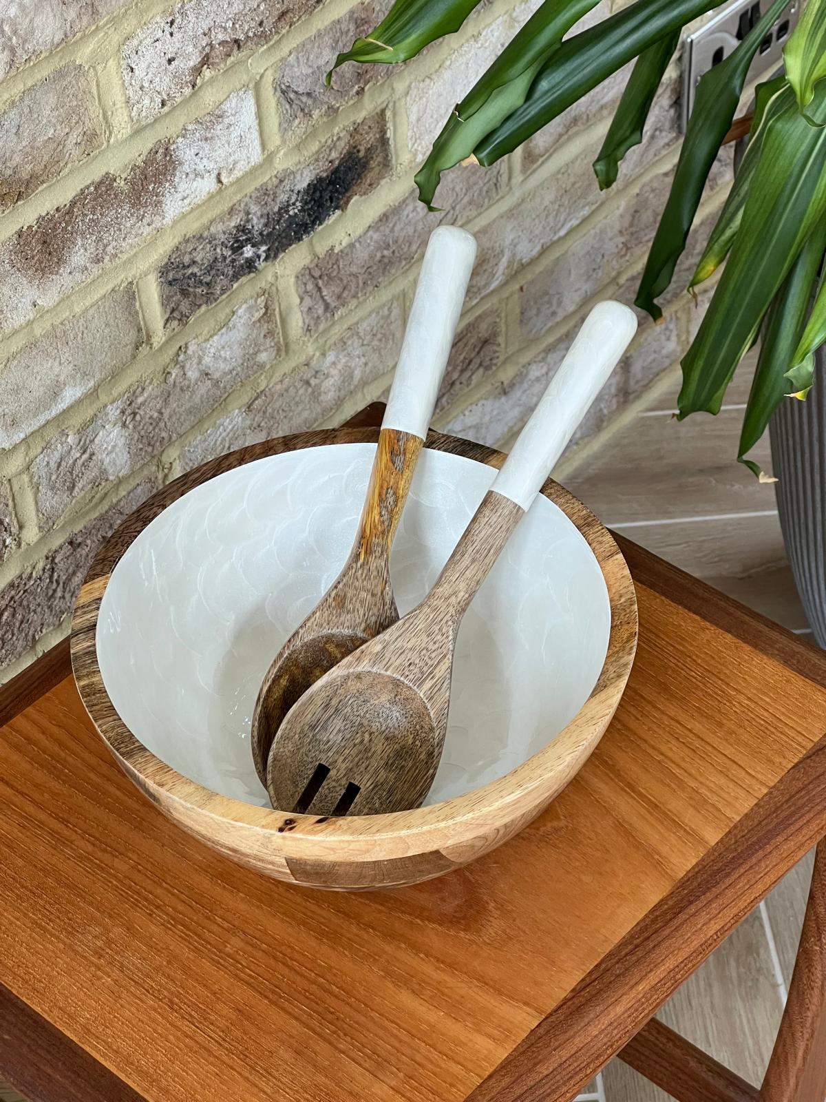 medium sized hand-painted wooden salad or fruit bowl in White. with matching salad spoons. Fish scales design