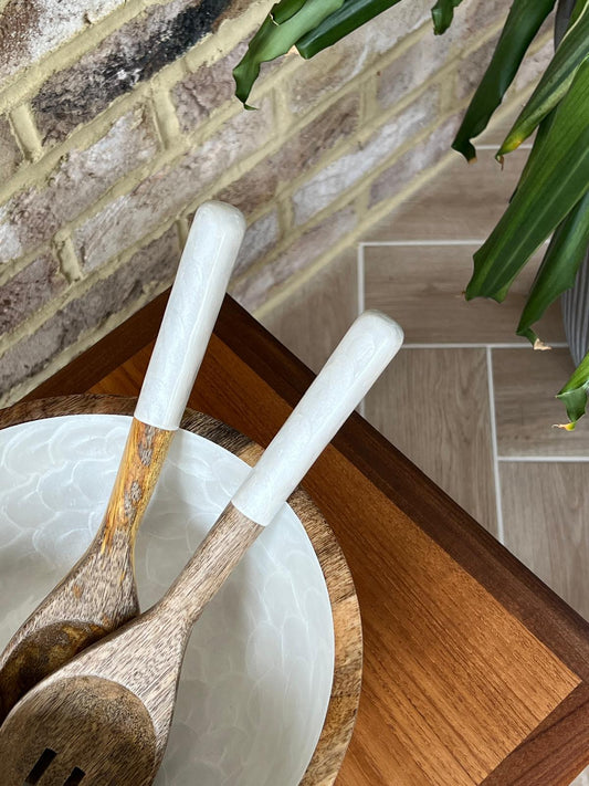 medium sized hand-painted wooden salad or fruit bowl in White. with matching salad spoons. Fish scales design