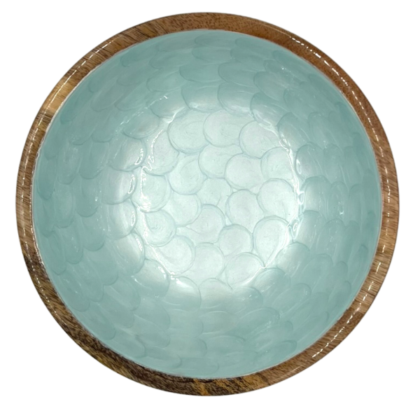 Medium bowl in aqua marine with a pearl finish. Mermaid bowl. Made from sustainable mango wood.