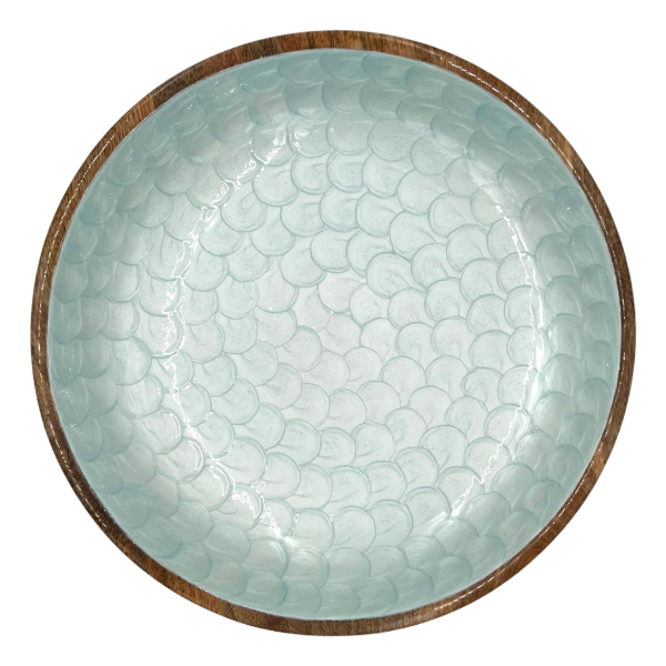 Large bowl in aqua marine with a pearl finish. Mermaid bowl. Made from sustainable mango wood.