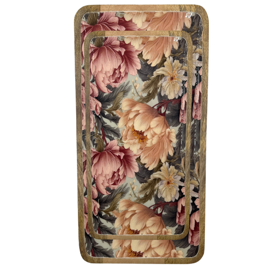 Medium and large platter - suitable for cold and warm food. This design features unfurling peonies in dusty rose pink & cream hues. Also featuring subtle tones of grey & green. Made from sustainable mango wood