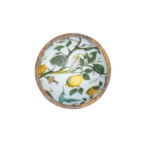 Small bowl (18cm diameter) featuring a lemon bird design. Suitable for summer dining. Hand-made from sustainable mango wood