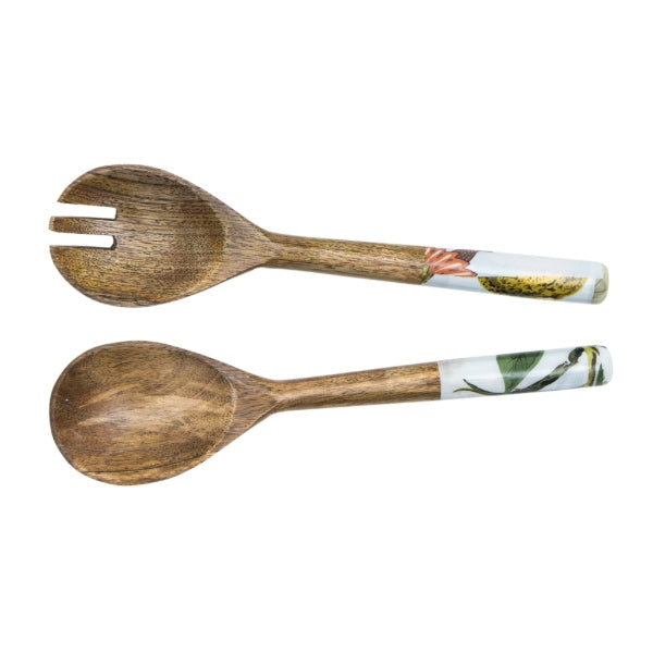 Wooden salad servers with decorated handles. Matches our lemon bird bowls.