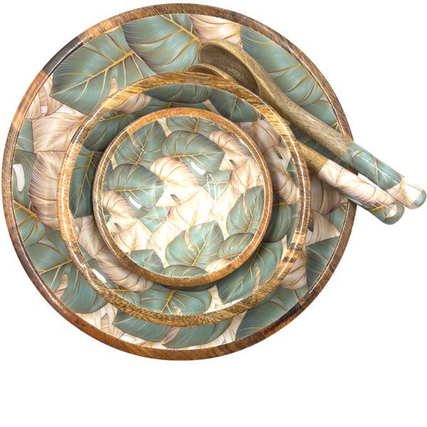 Small, medium and large bowl with matching salad servers. This beautiful design features monstera (aka cheese plant) leaves in green & golden beige. The ideal gift for anyone who loves house plants. Made from sustainable mango wood.