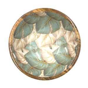 large statement bowl. Monstera cheese plant design in blue / green and light beige. Made from sustainable mango wood