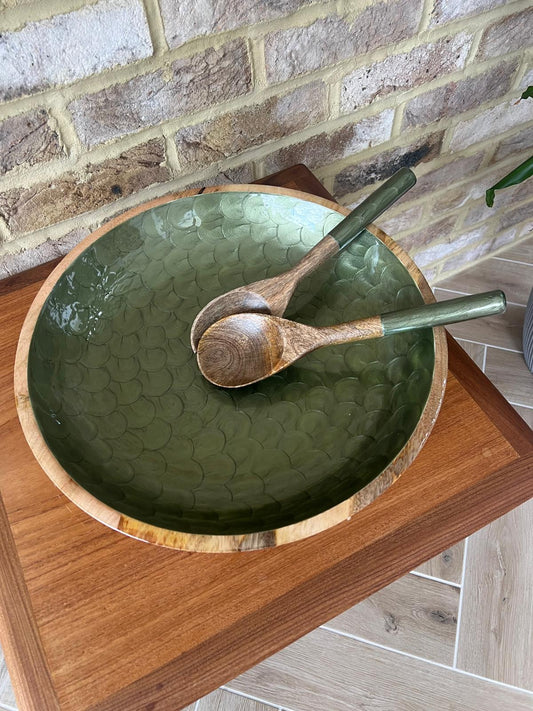 matching salad Servers with olive green handles. Made from sustainable mango wood. Pictured with large olive green bowl
