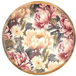 Large wooden bowl with a floral peonies design. on a white background