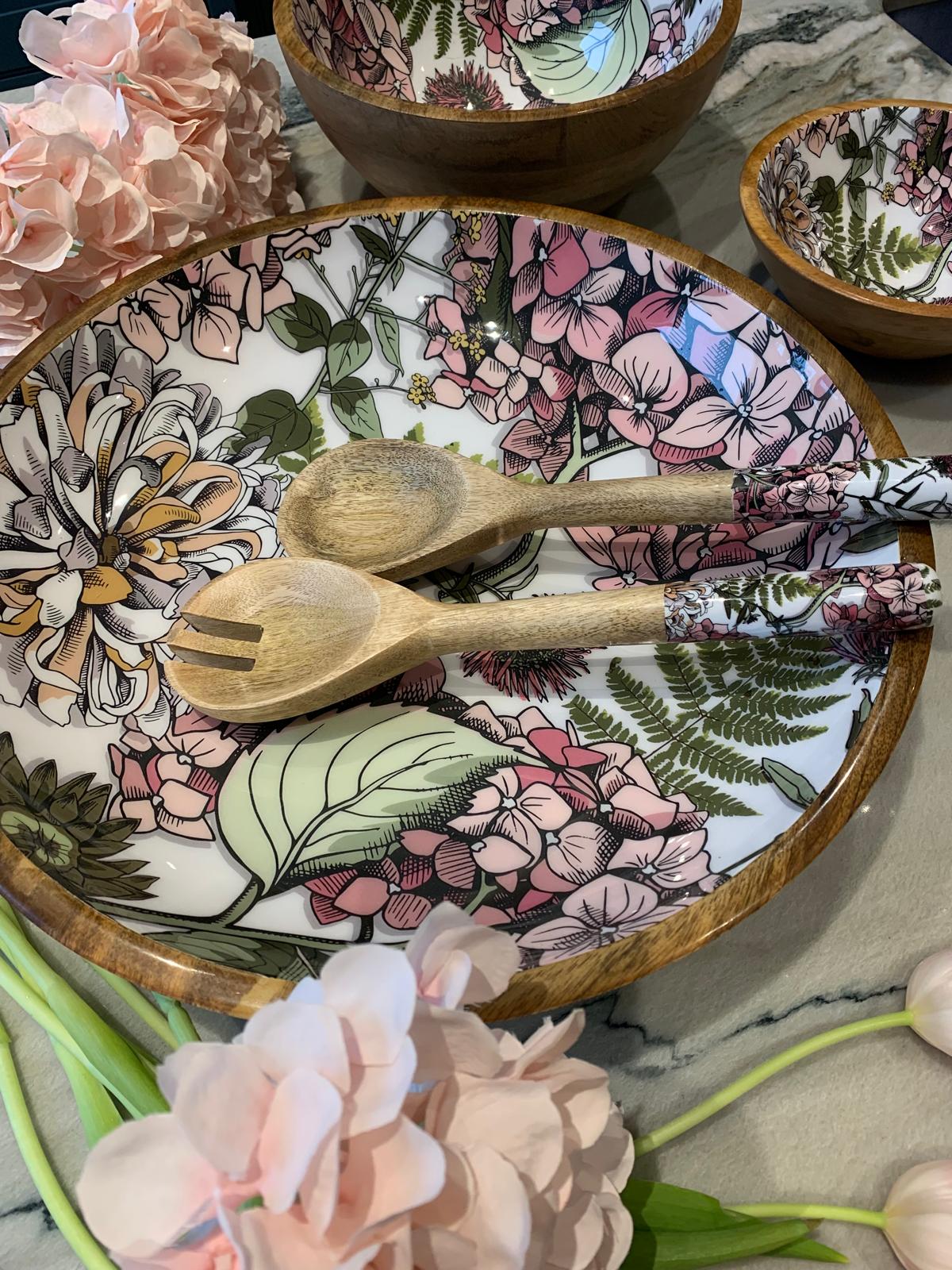 Small, medium and large bowl with matching salad servers. with a pink hydrangea floral design