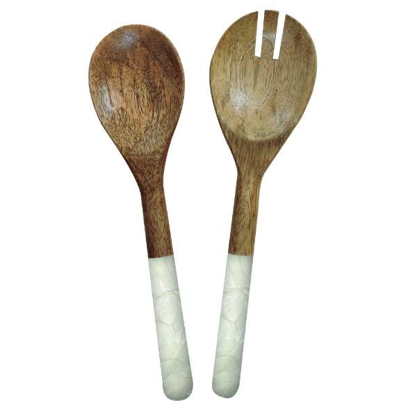 Matching salad servers with white handles. Fish scale design and pearl finish. Made from sustainable mango wood