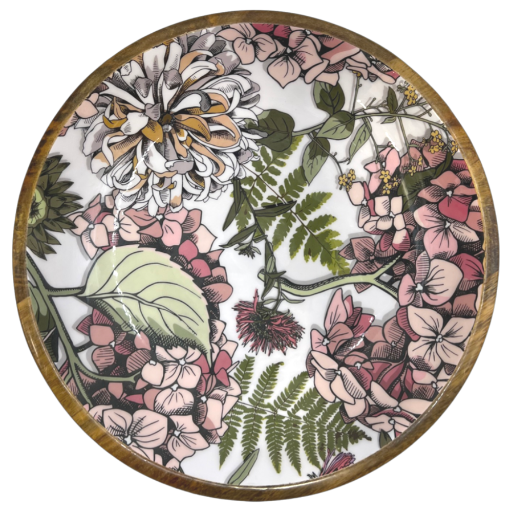 Small, medium & large bowls made from sustainable mango wood.  Features a gorgeous pink hydrangea design.  Inspired by nature.  Unique, hand-crafted gifts.