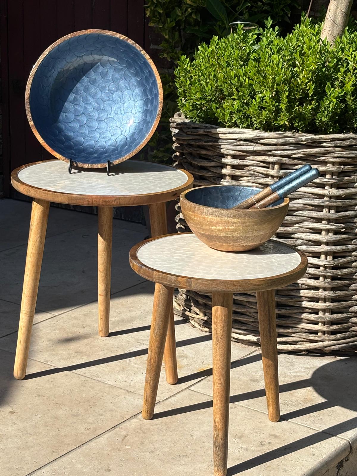 Hand-painted mango wood bowl collection with a high gloss pearlescent finish