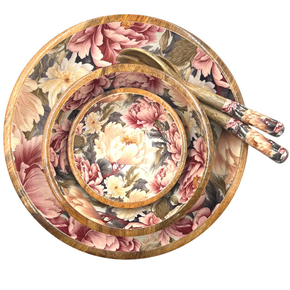 Small, medium & large bowls made from sustainable mango wood.  A gorgeous peony design in dusty pinks and creams.  Inspired by nature.  Unique, hand-crafted gifts.