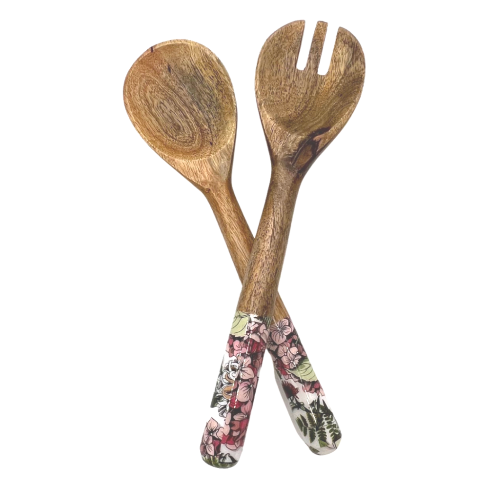 Matching salad servers with modern pink hydrangea design.  Made with sustainable mango wood.