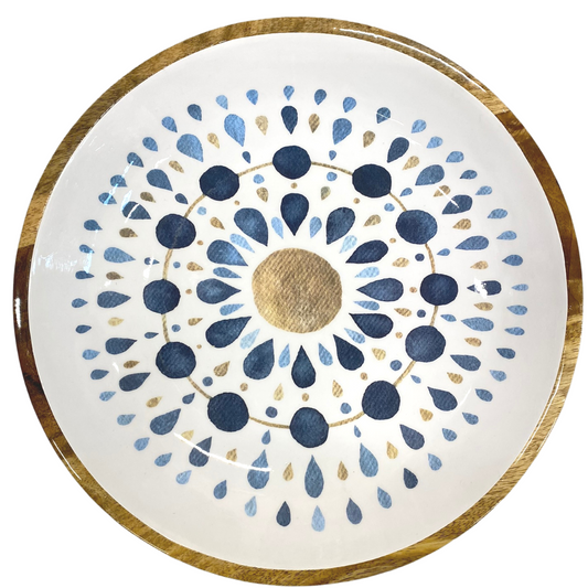 Large statement bowl (38cm) in blue & white blue mandala design. Made with sustainable mango wood.  Suitable as a fruit bowl or salad bowl. 