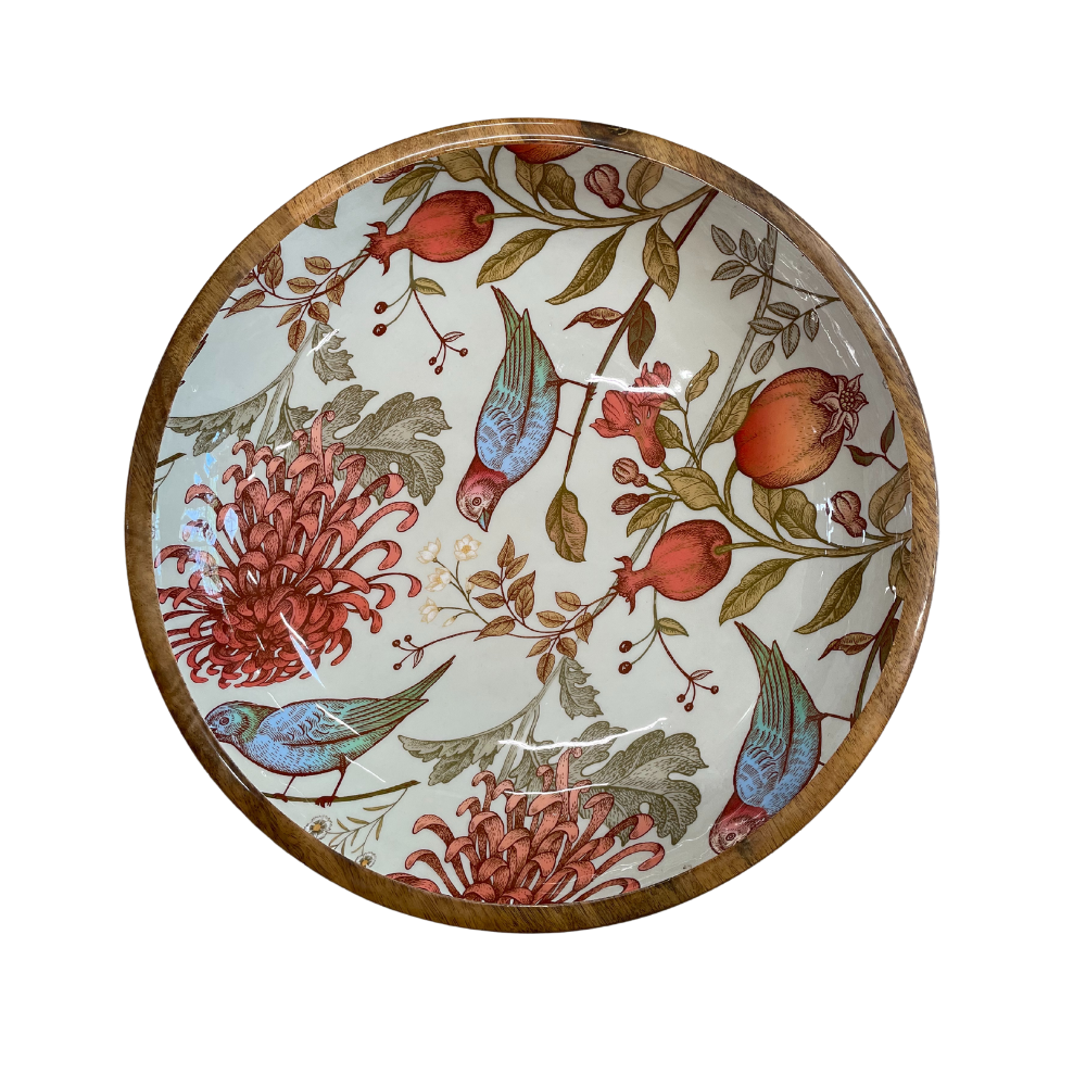 Wooden salad / fruit bowl with   Traditional william morris style design inspired by nature.  Orange and blue colours featuring birds and pomegranates. Made from sustainable mango wood.