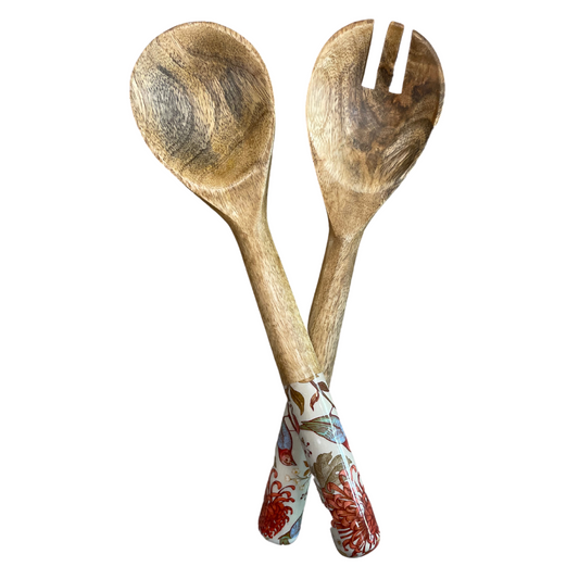 Matching Salad servers with william morris nature inspired orange bird design.  Made with sustainable mango wood.
