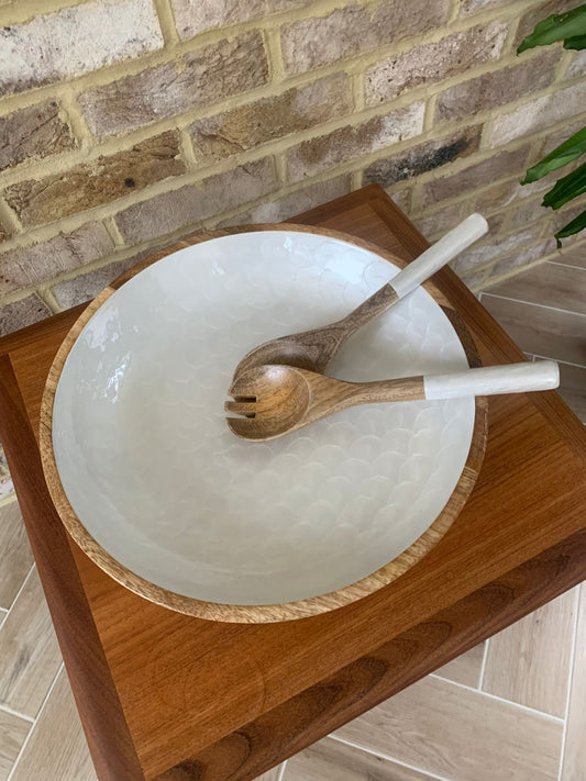 Large Salad Bowl Set in White Pearl Finish