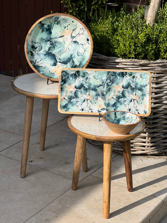 Blue marble collection.   large and small blue marble decorated bowl and large size platter.  Suitable for cold and warm food or as decorative pieces.  Made from sustainable mango wood with a food safe enamel coating.  