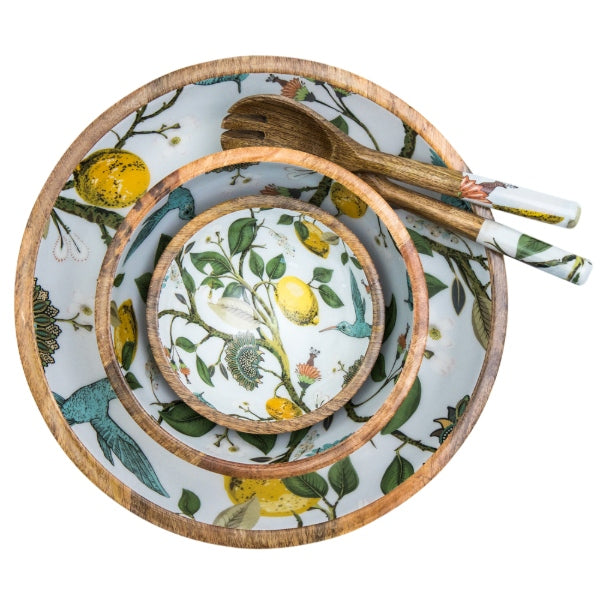Set of bowls and salad servers featuring a lemon bird design.  Suitable for summer dining.  Hand-made from sustainable mango wood