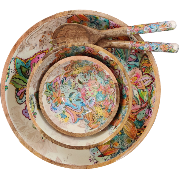 Small, medium and large bowl set with matching salad servers.  Multi-coloured floral design.