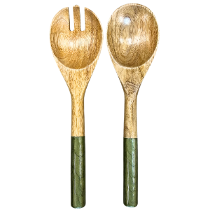 Matching salad Servers with olive green handles. Made from sustainable mango wood