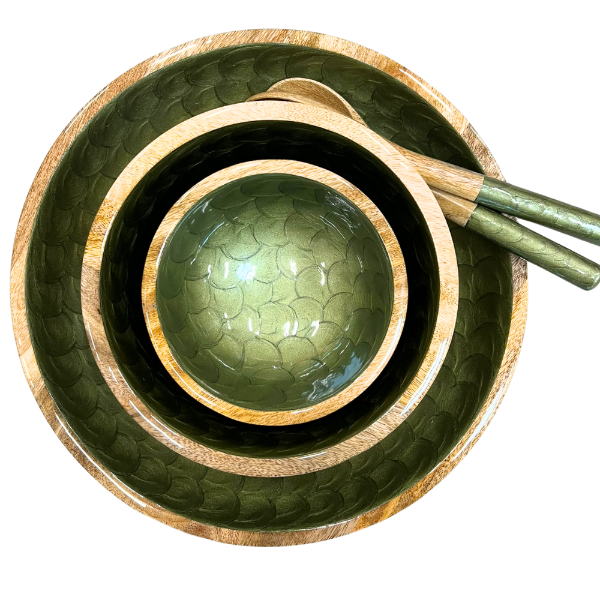 Small, medium and large bowl with matching salad Servers.  Hand painted Olive green colour with pearl finish. Made from sustainable mango wood