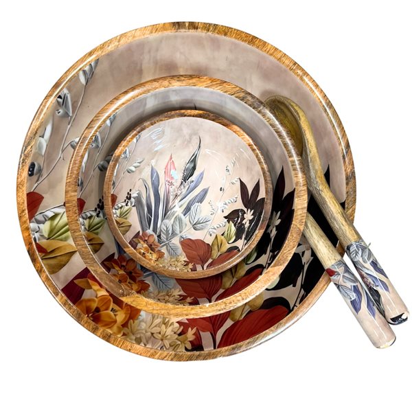 Small, medium and large bowl set with matching salad servers.  Featuring autumn leaves.  Colour palette of tonal pinks, plaster, greys.  Made from sustainable mango wood. 