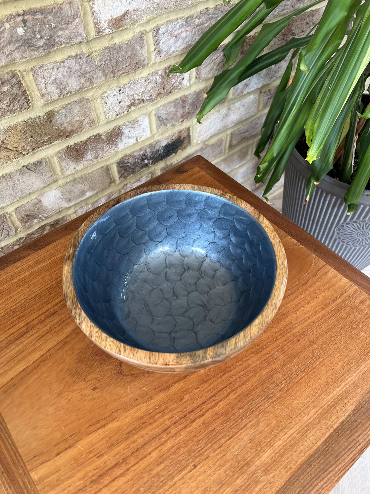 Medium sized handpainted bowl in Royal Blue with a charcoal grey undertone. Fish scale pattern with a pearl finish.  25cm diameter