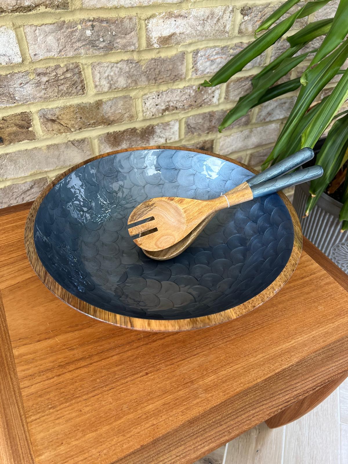 Large sized hand painted bowl in Royal Blue with a charcoal grey undertone. Fish scale pattern with a pearl finish.  35cm diameter.  With matching salad servers