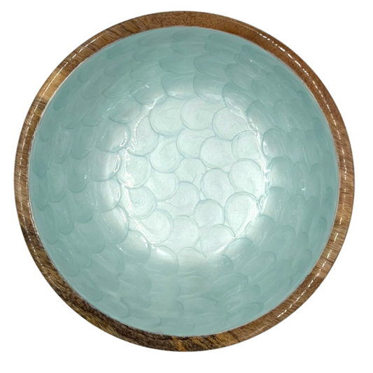 Medium bowl in aqua marine with a pearl finish.  Mermaid bowl.  Made from sustainable mango wood.