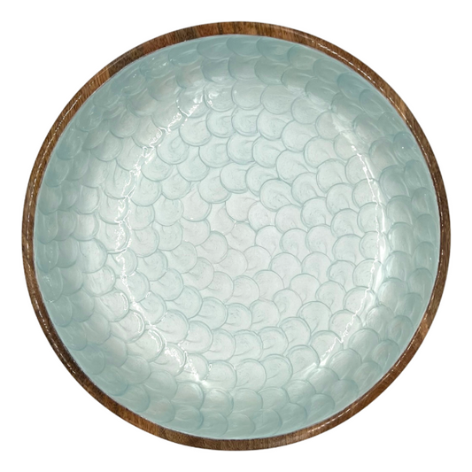 Large bowl in aqua marine with a pearl finish.  Mermaid bowl.  Made from sustainable mango wood.