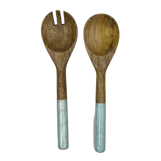 Wooden salad servers with handles in aqua marine with a pearl finish on a white background