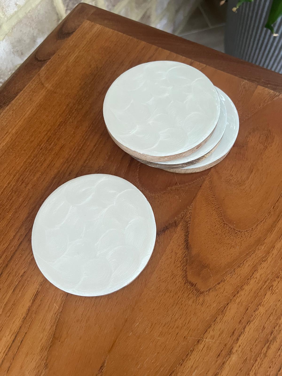 Set of 4 white hand-painted coasters with fish scale design