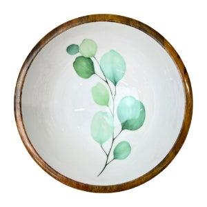 Round medium sized bowl with green eucalyptus leaf design on a white background.  Bowl size 25cm diameter.  Made from sustainable mango wood.