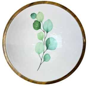 Round large sized bowl with green eucalyptus leaf design on a white background.  Suitable for cold and warm food.  Salad bowl. Bowl size 35cm diameter.  Made from sustainable mango wood.