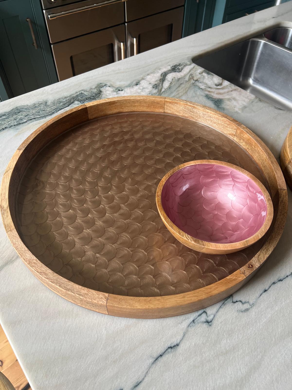Extra large tray in brassy brown colour (not material).  Hand painted fish scale design with a food safe enamel coating.  Pictured with a contrasting pink colour small bowl