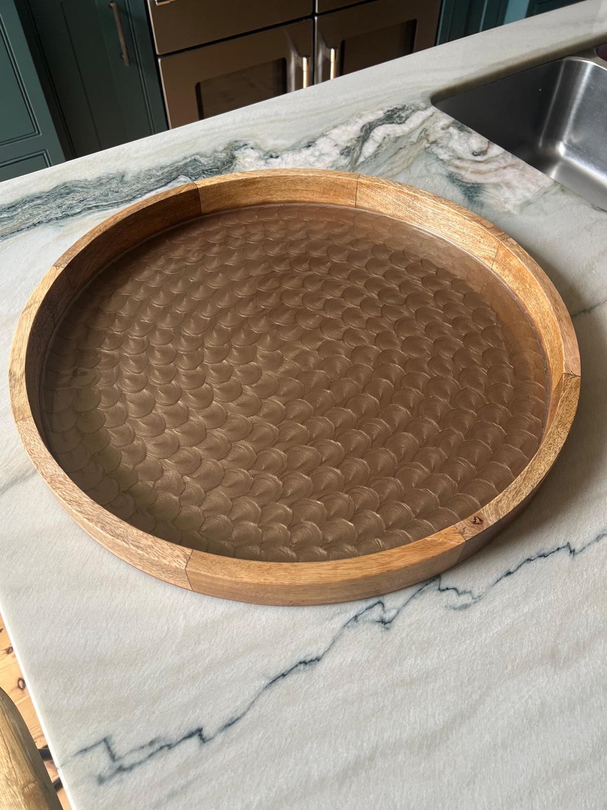 Extra large tray in brassy brown colour (not material).  Hand painted fish scale design with a food safe enamel coating
