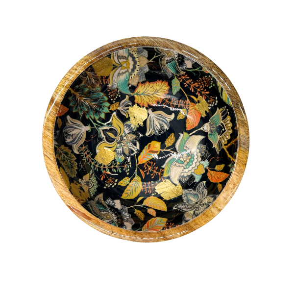 Small bowl made from sustainable mango wood with elegant floral design in black features stunning accents of gold foil. 18cm diameter