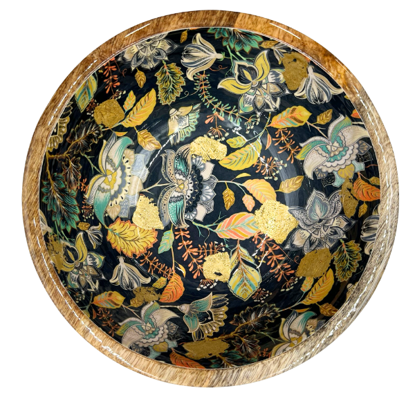 Medium bowl (25cm diameter). An elegant floral design in black features stunning accents of gold foil. Made from sustainable mango wood