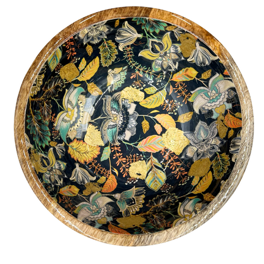 Medium bowl (25cm diameter). An elegant floral design in black features stunning accents of gold foil. Made from sustainable mango wood